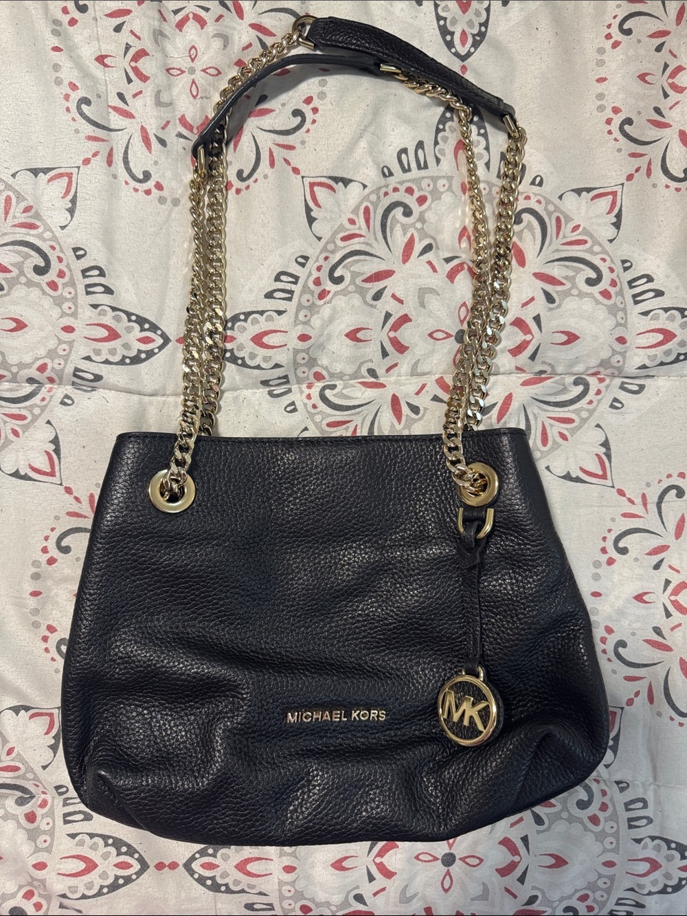 Michael Kors Black Pebbled Leather Shoulder Bag with Gold Hardware
